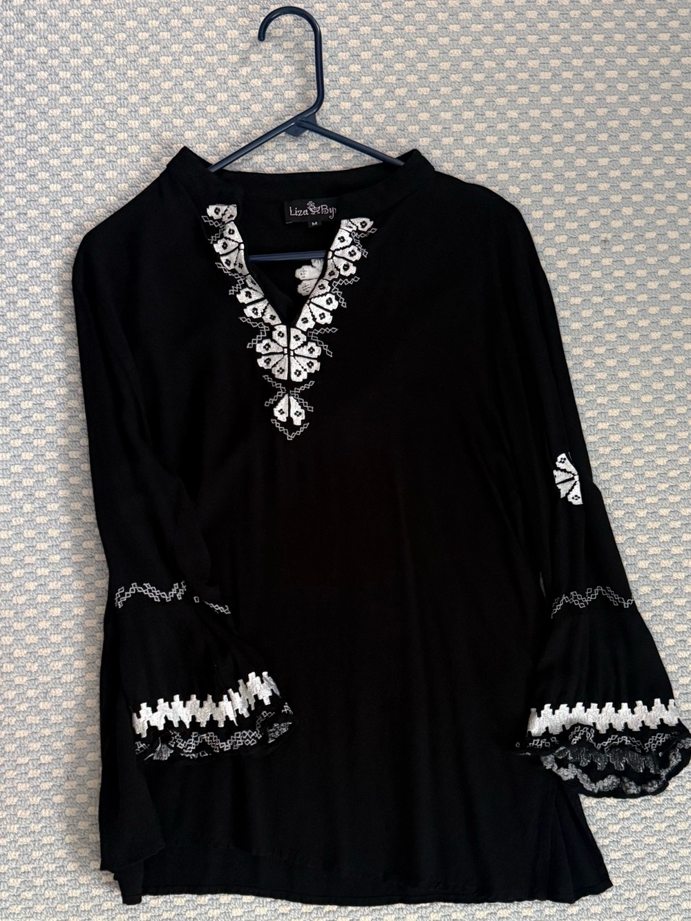 Liza Byrd Black Tunic with White Embroidered V-Neck and Bell Sleeves